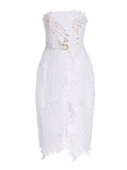 Strapless Leaf Lace Belted Scalloped Hem Midi Dress
