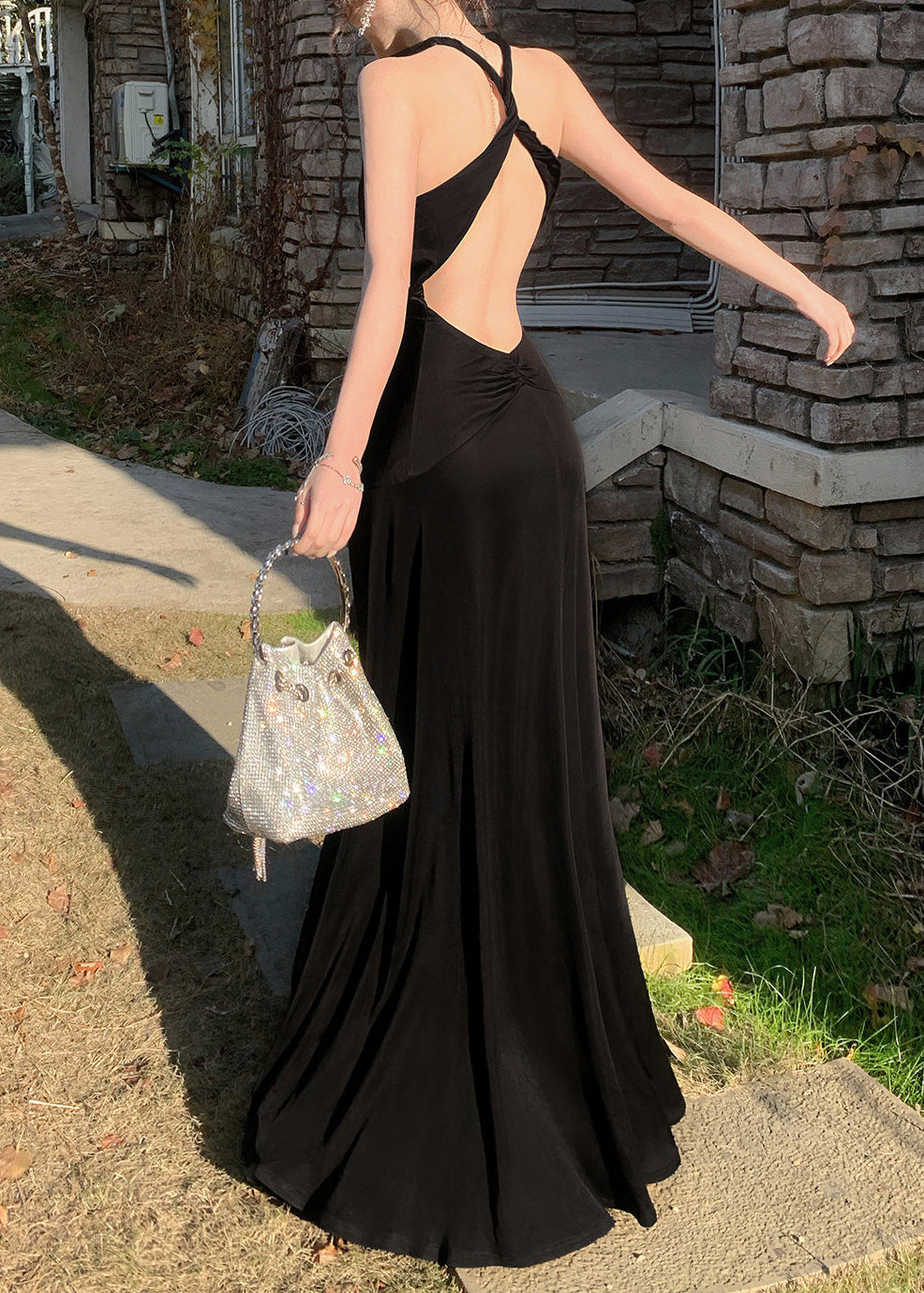 Twisted Halter Open Back Gathered Waist Column Floor Length Gown