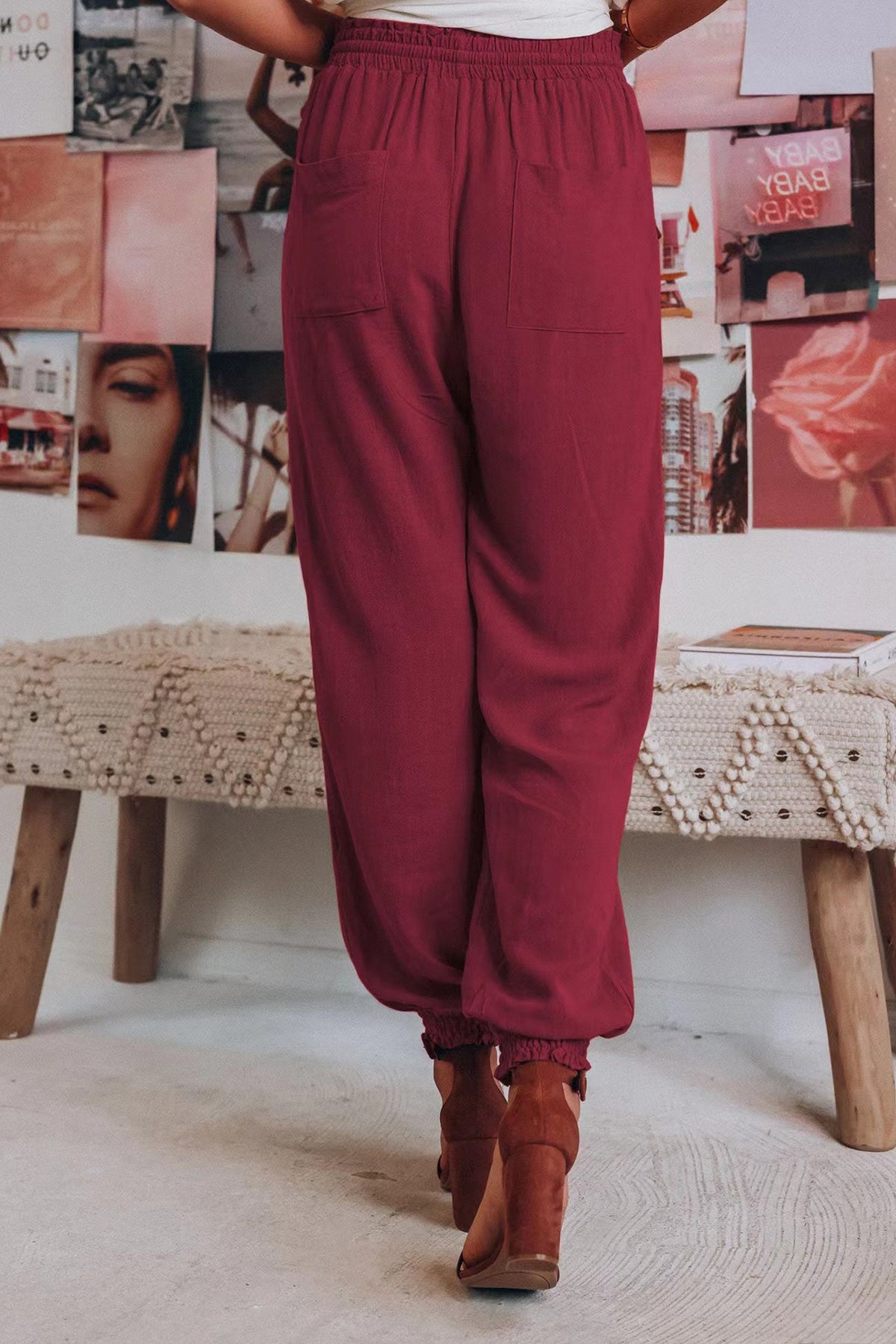 Drawstring Solid Color Loose Long Pants