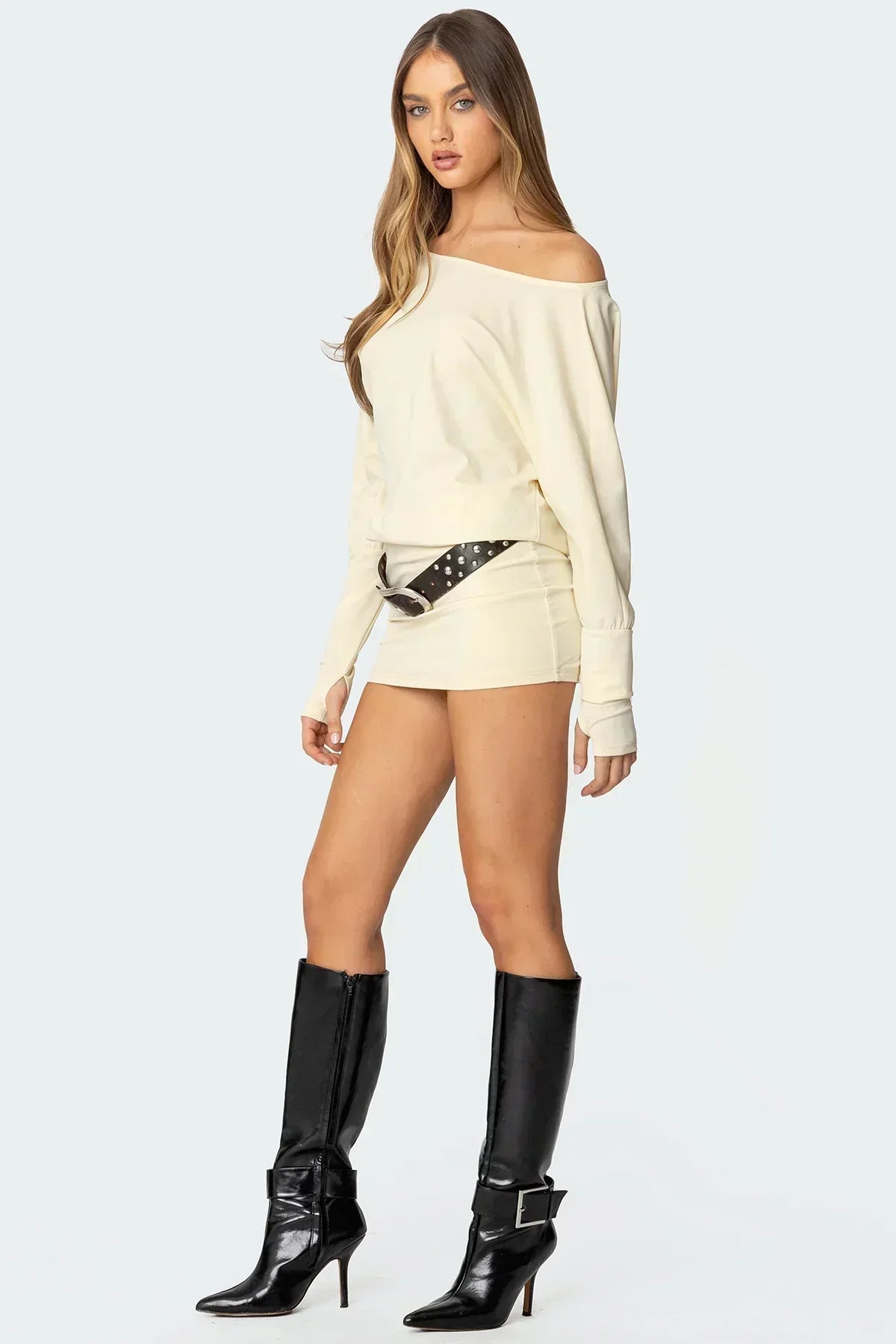 Off Shoulder Long Sleeve Blouson Bodycon Mini Dress