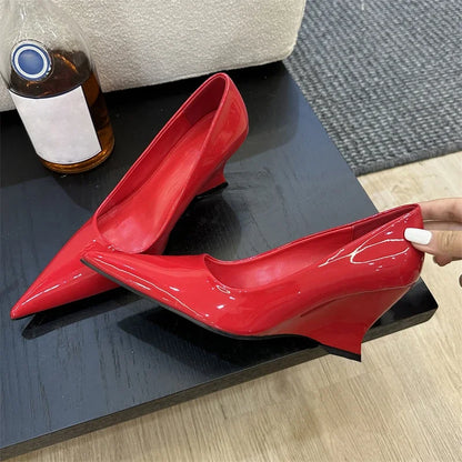 Design Pointed Toe Wedges Highs Women Silver Red Shoes Wedding Banquet Shoes Low Heel Pumps