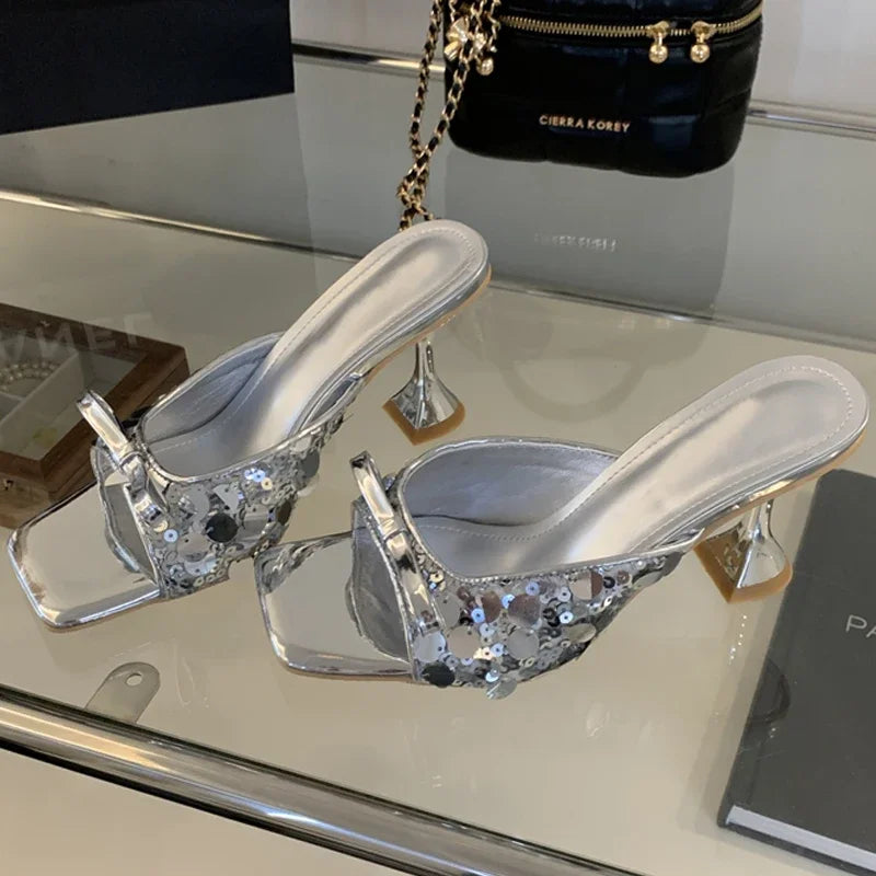 Sequined Square Toe Women Slippers Butterfly-knot Elegant High Dress Shoes Low Heel Pumps