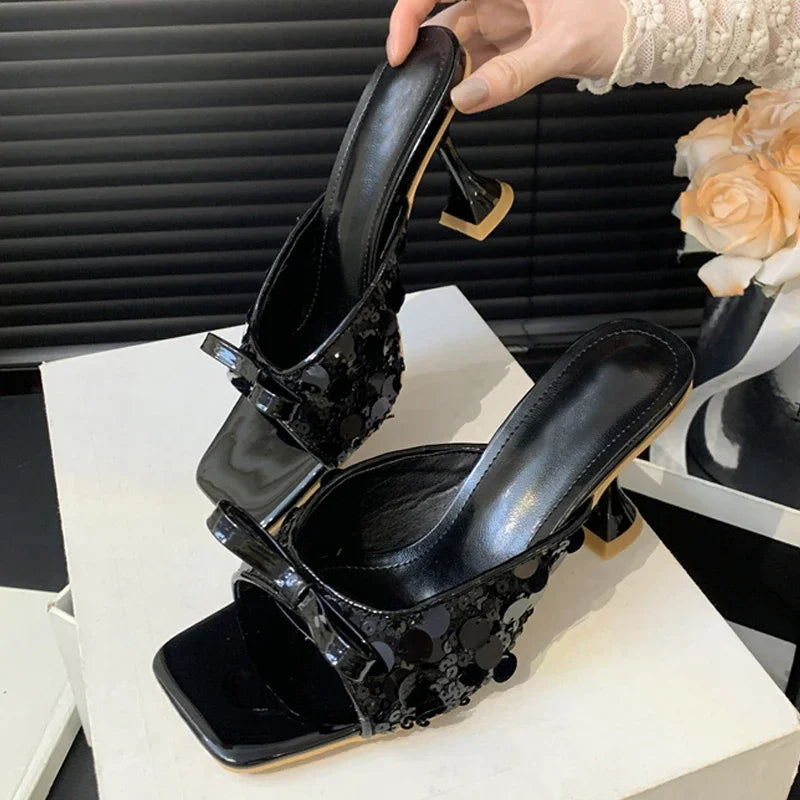 Sequined Square Toe Women Slippers Butterfly-knot Elegant High Dress Shoes Low Heel Pumps