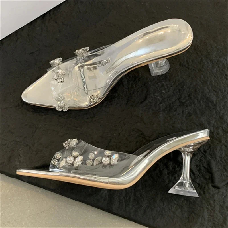 Diamond PVC Transparent Pointed Toe High Women Slippers Summer Slide Shoes Low Heel Pumps