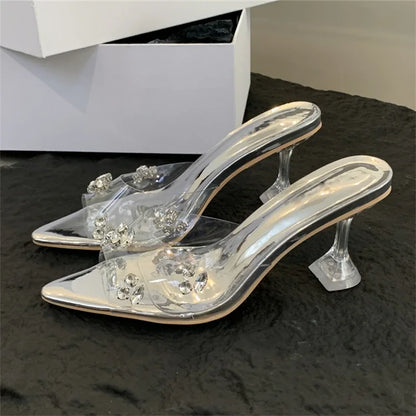 Diamond PVC Transparent Pointed Toe High Women Slippers Summer Slide Shoes Low Heel Pumps