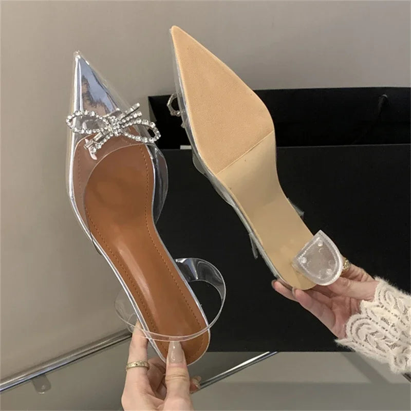PVC Transparent Butterfly-knot Women Fashion Party Shoes Elegant Slingbacks Mules Sandals Low Heel Pumps