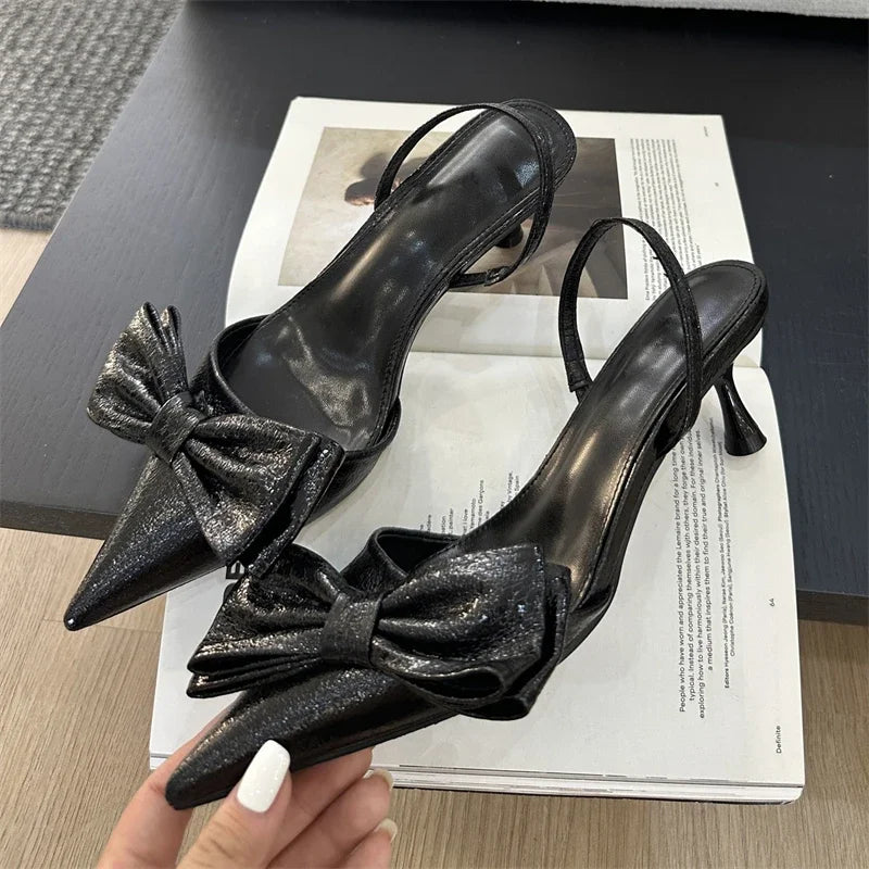 Street Style Butterfly-knot Pointed Toe Thin Women Shoes Elegant Slingbacks Sandals Low Heel Pumps