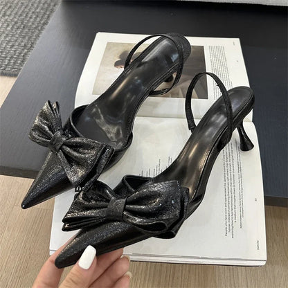 Street Style Butterfly-knot Pointed Toe Thin Women Shoes Elegant Slingbacks Sandals Low Heel Pumps