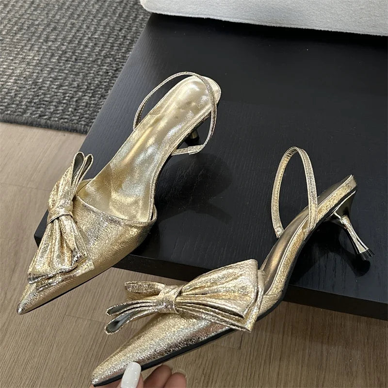 Street Style Butterfly-knot Pointed Toe Thin Women Shoes Elegant Slingbacks Sandals Low Heel Pumps