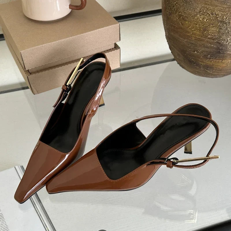 Street Style Pointed Toe Metal Buckle Strap Women Stripper Slingback High Shoes Low Heel Pumps