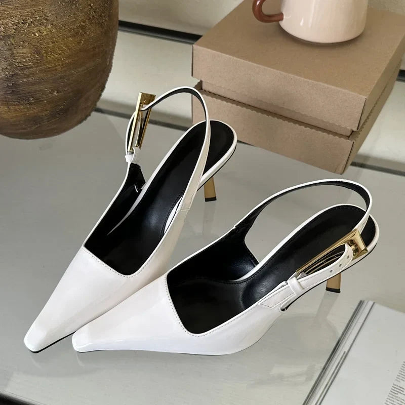 Street Style Pointed Toe Metal Buckle Strap Women Stripper Slingback High Shoes Low Heel Pumps