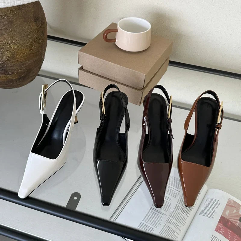 Street Style Pointed Toe Metal Buckle Strap Women Stripper Slingback High Shoes Low Heel Pumps