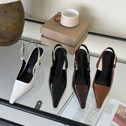 Street Style Pointed Toe Metal Buckle Strap Women Stripper Slingback High Shoes Low Heel Pumps