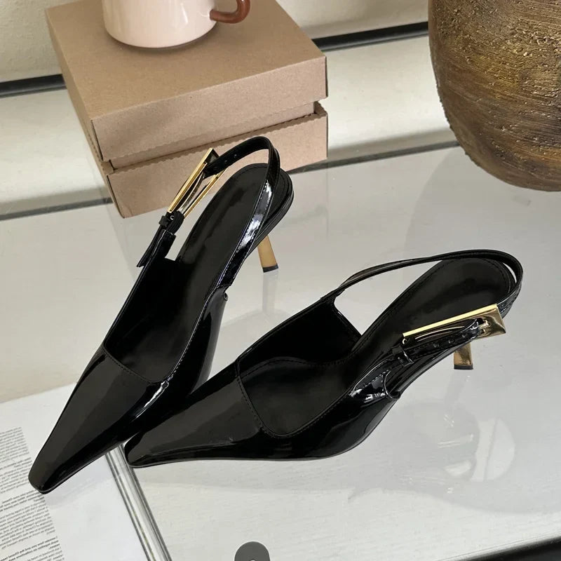 Street Style Pointed Toe Metal Buckle Strap Women Stripper Slingback High Shoes Low Heel Pumps