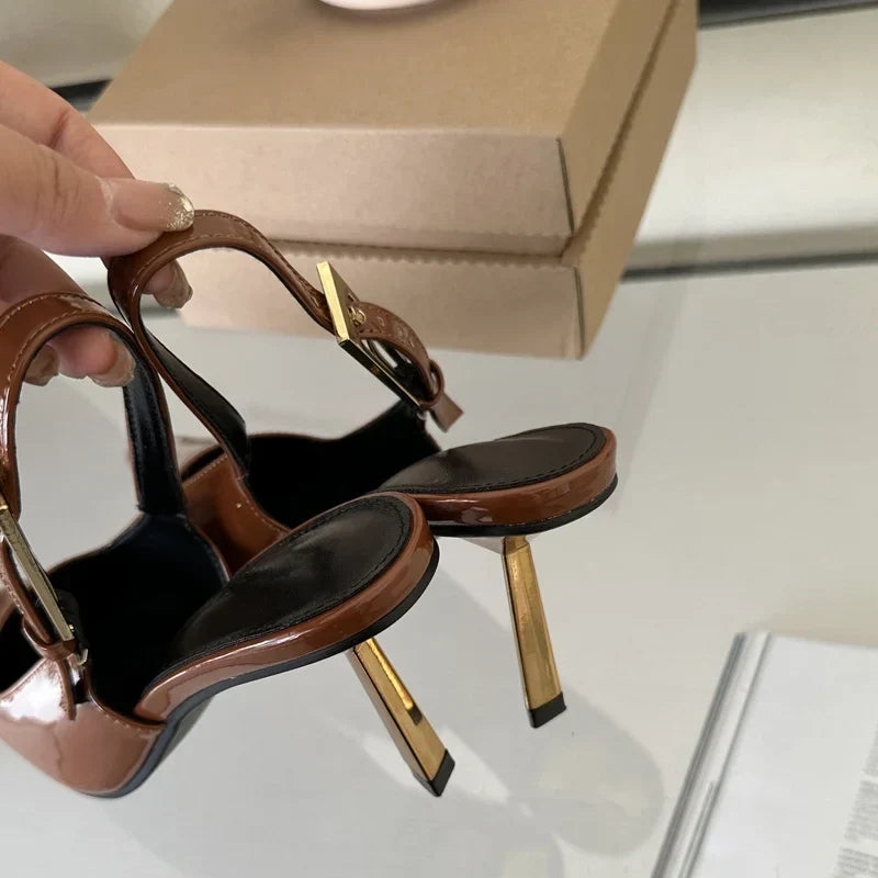 Street Style Pointed Toe Metal Buckle Strap Women Stripper Slingback High Shoes Low Heel Pumps