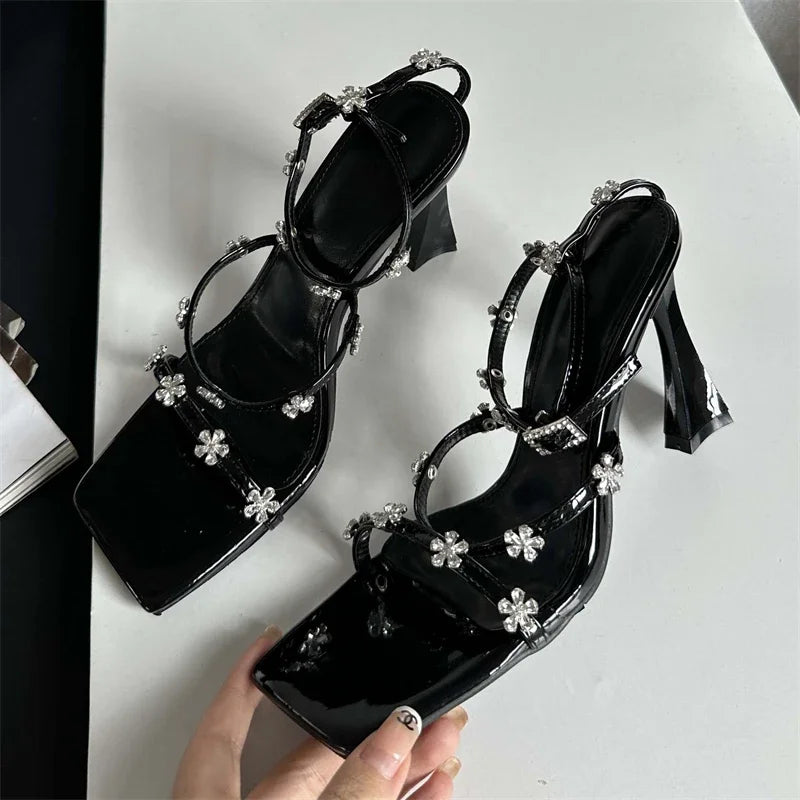 Summer Narrow Band Buckle Strap Women High Shoes Square Toe Party Dress Low Heel Pumps