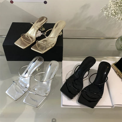 Summer Narrow Band Slipper Fashion Square Toe Slip On Elegant Gladiator Sandal Shoes Low Heel Pumps