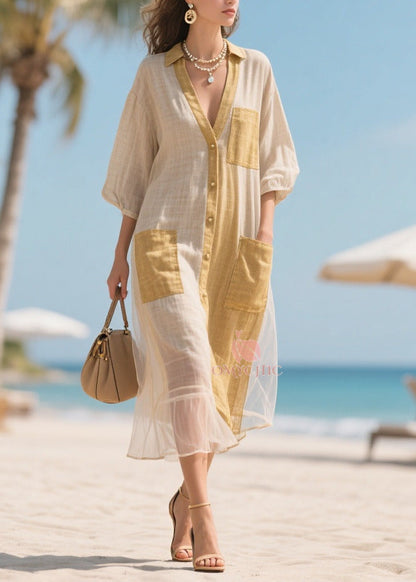 Split Panel Button Front Patch Pocket Sheer Ruffle Hem Midi Dress