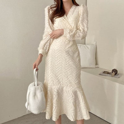 Eyelash Knit Chevron Wrap V-Neck Long Sleeve Mermaid Midi Dress