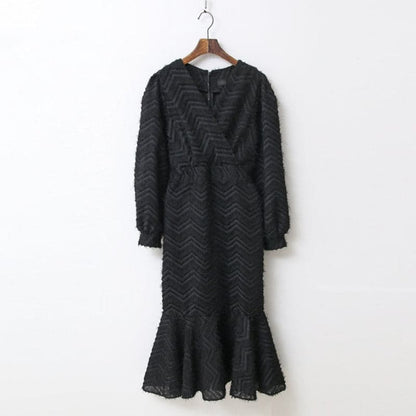 Eyelash Knit Chevron Wrap V-Neck Long Sleeve Mermaid Midi Dress