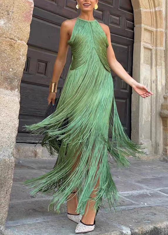 Halter Neck Tiered Fringe Tassel Overlay Bodycon Midi Dress