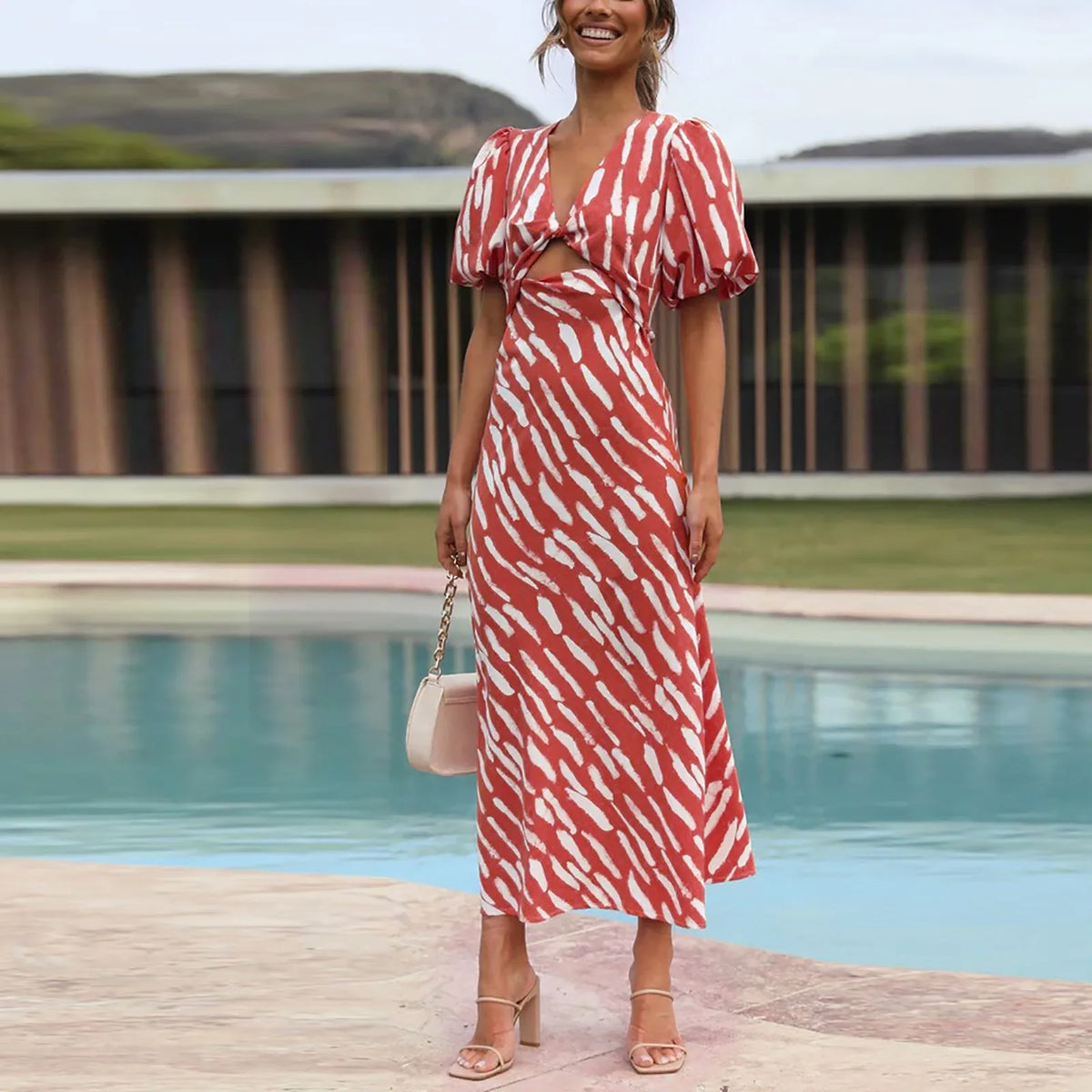 Stripe Print V Neck Puff Sleeve Cutout Waist Midi Dress