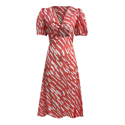 Stripe Print V Neck Puff Sleeve Cutout Waist Midi Dress