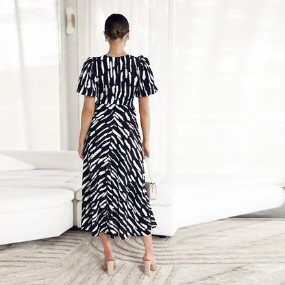 Stripe Print V Neck Puff Sleeve Cutout Waist Midi Dress