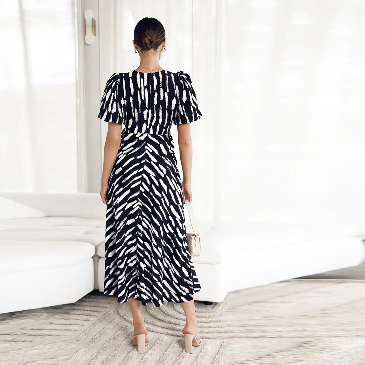 Stripe Print V Neck Puff Sleeve Cutout Waist Midi Dress