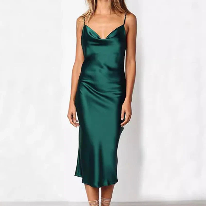Elegant Satin Long Dresses Green Party Sexy Evening Backless Summer Party Dress