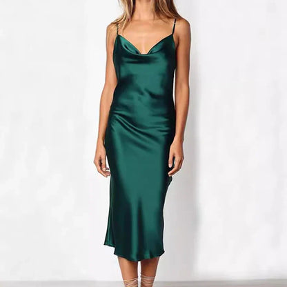Elegant Satin Long Dresses Green Party Sexy Evening Backless Summer Party Dress