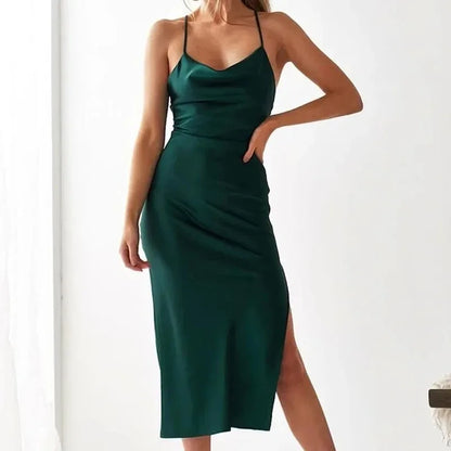 Elegant Satin Long Dresses Green Party Sexy Evening Backless Summer Party Dress