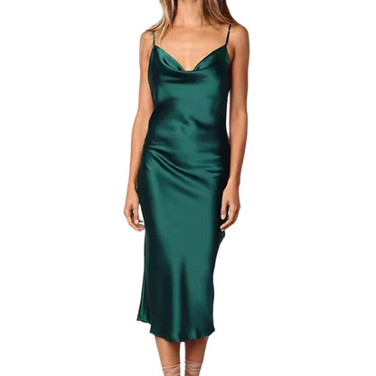 Elegant Satin Long Dresses Green Party Sexy Evening Backless Summer Party Dress