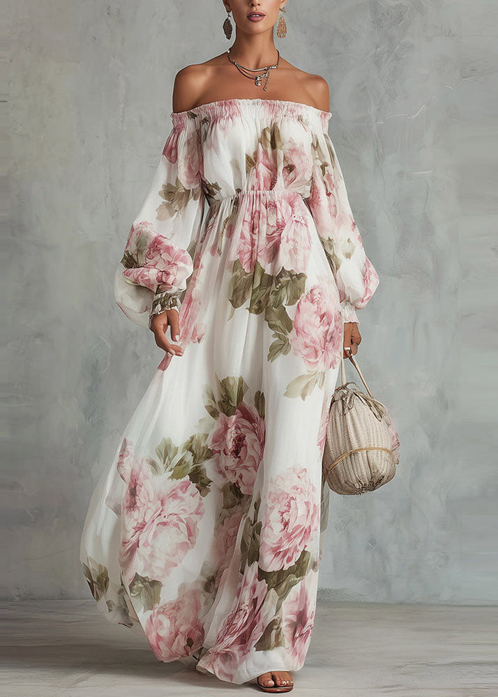 Off Shoulder Smocked Waist Bishop Sleeve Floral Maxi Dress