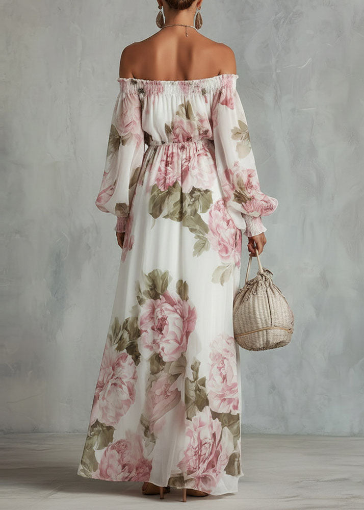 Off Shoulder Smocked Waist Bishop Sleeve Floral Maxi Dress