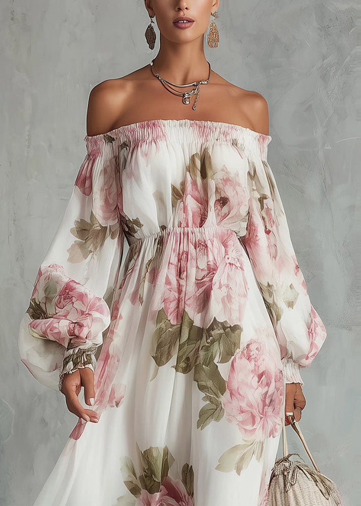 Off Shoulder Smocked Waist Bishop Sleeve Floral Maxi Dress