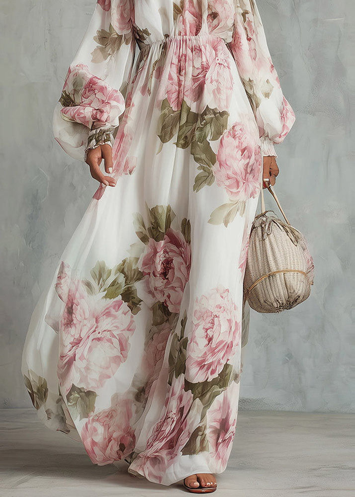 Off Shoulder Smocked Waist Bishop Sleeve Floral Maxi Dress
