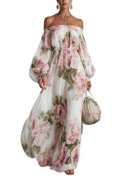 Off Shoulder Smocked Waist Bishop Sleeve Floral Maxi Dress