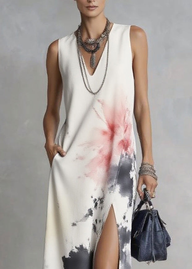 Sleeveless V-Neck Side-Slit Pocket Abstract Watercolor Print Maxi Dress