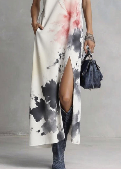 Sleeveless V-Neck Side-Slit Pocket Abstract Watercolor Print Maxi Dress