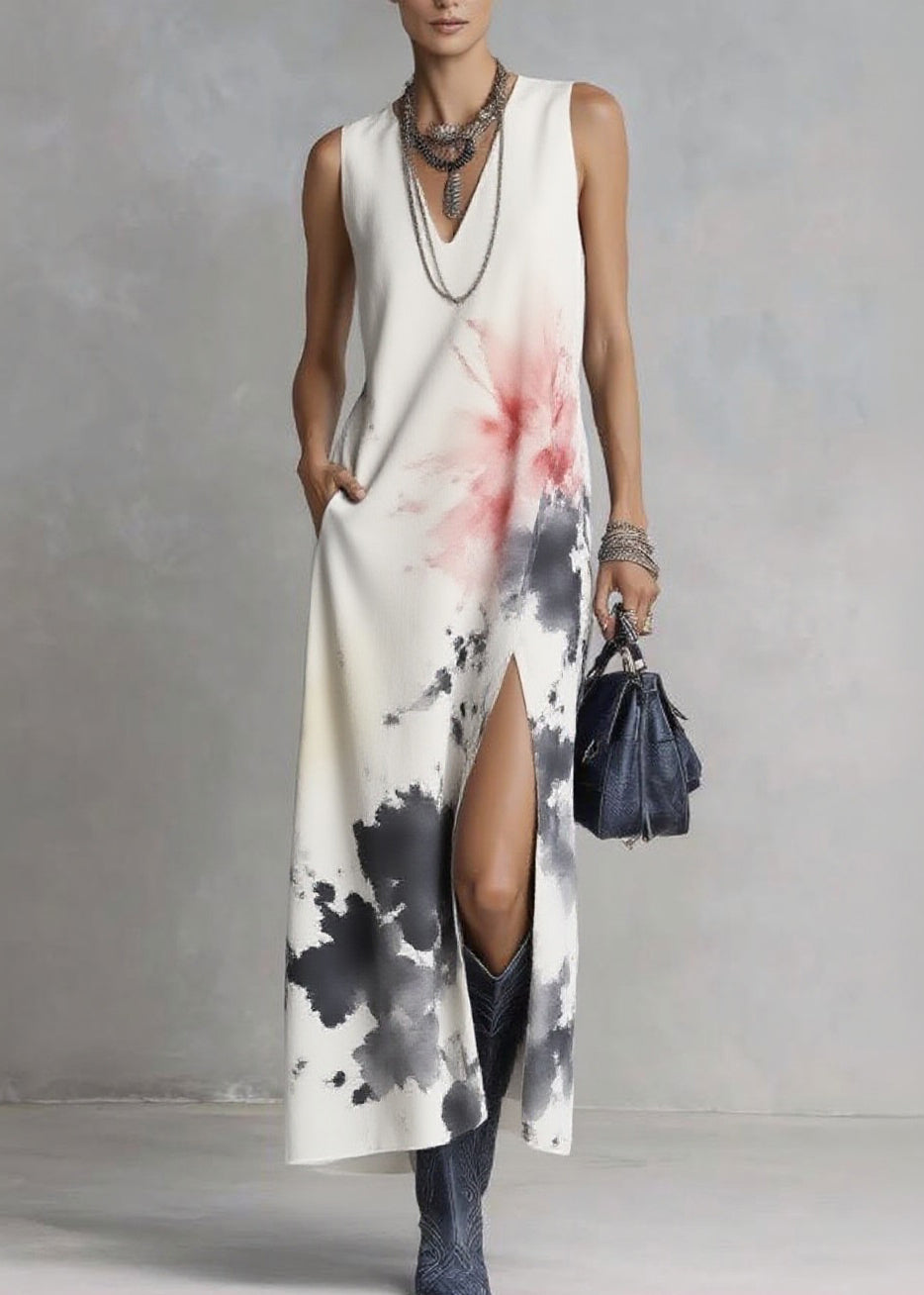 Sleeveless V-Neck Side-Slit Pocket Abstract Watercolor Print Maxi Dress