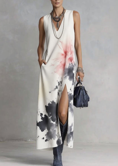 Sleeveless V-Neck Side-Slit Pocket Abstract Watercolor Print Maxi Dress