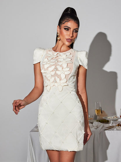 Round Neck Cap Sleeve 3D Floral Mesh Panel Quilted Button Mini Dress