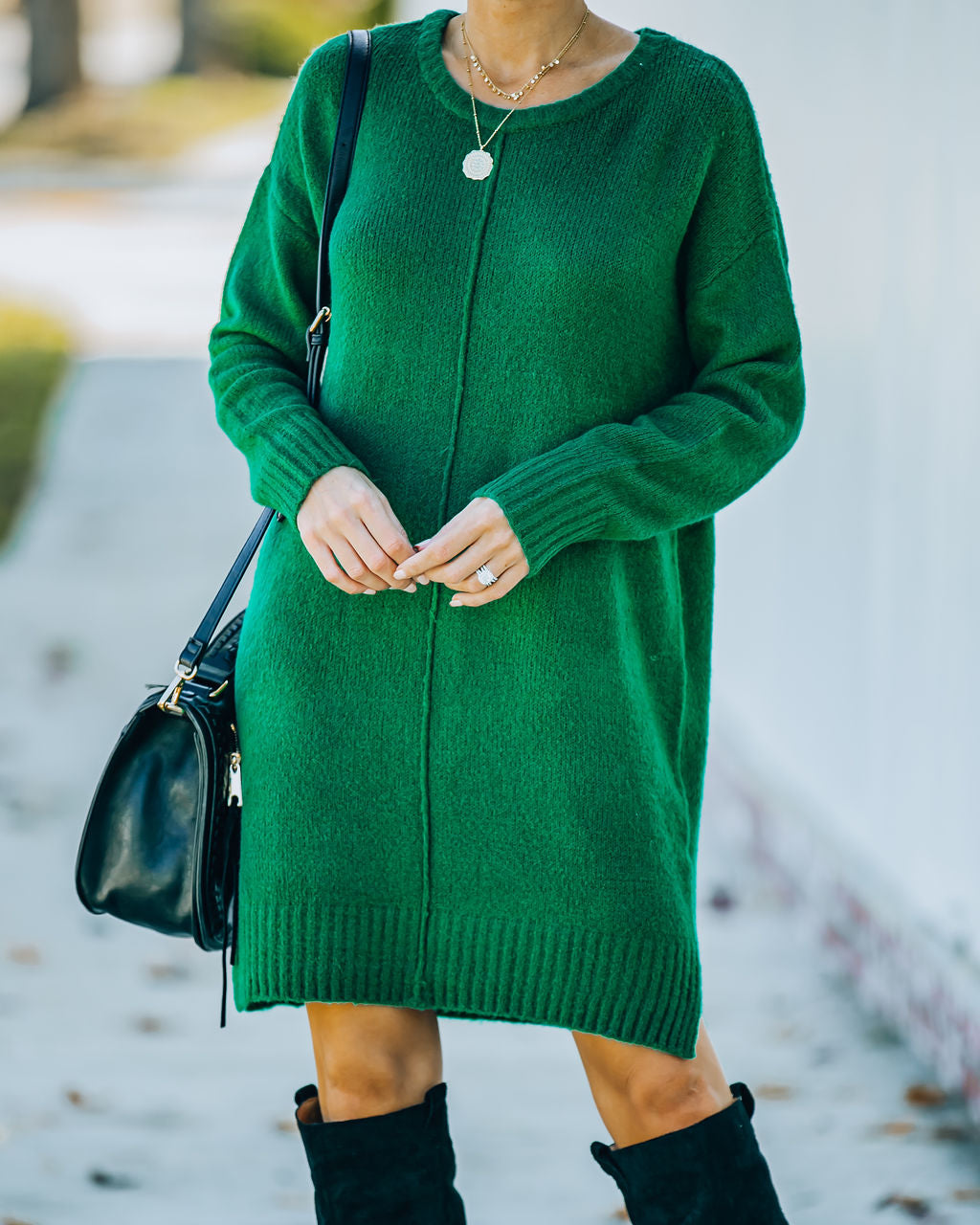 Crew Neck Center Seam Rib Trim Side Slit Knit Sweater Mini Dress