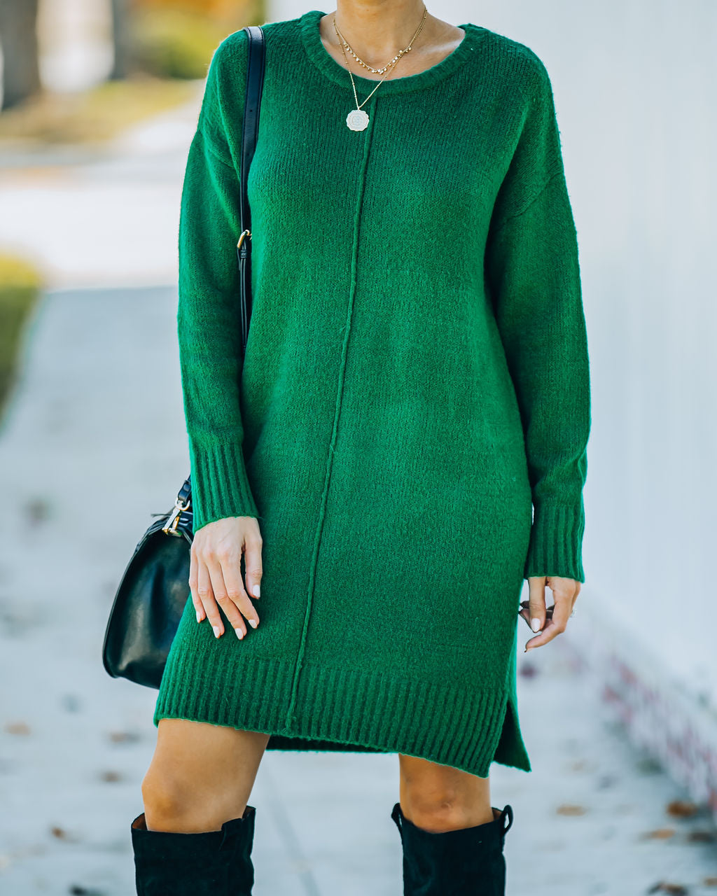 Crew Neck Center Seam Rib Trim Side Slit Knit Sweater Mini Dress