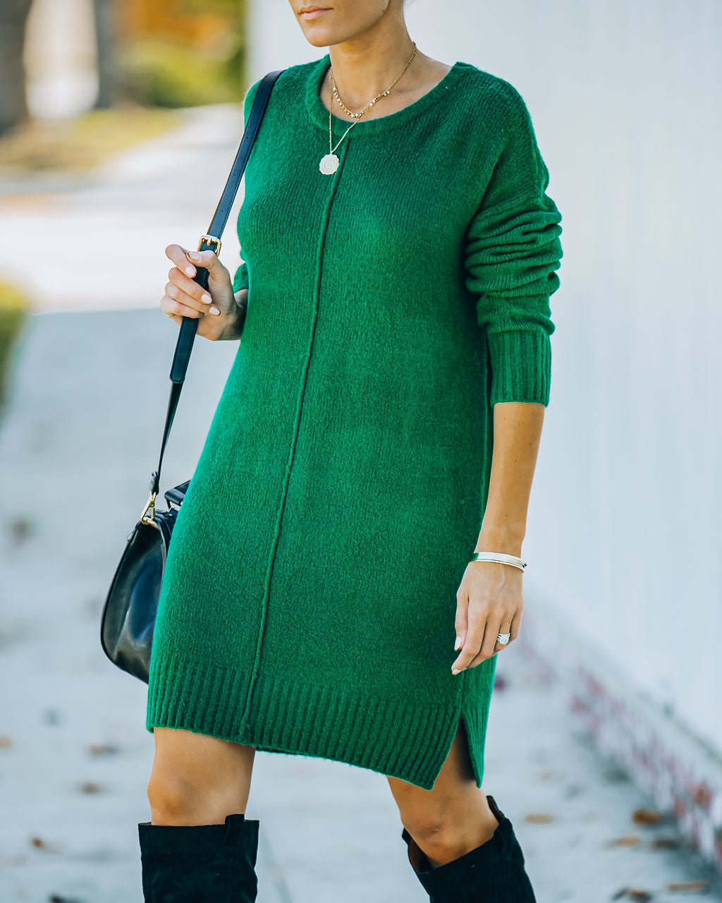 Crew Neck Center Seam Rib Trim Side Slit Knit Sweater Mini Dress