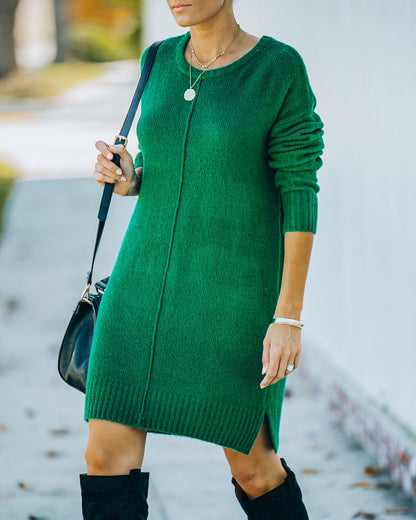 Crew Neck Center Seam Rib Trim Side Slit Knit Sweater Mini Dress