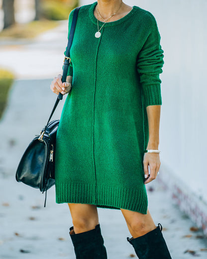 Crew Neck Center Seam Rib Trim Side Slit Knit Sweater Mini Dress