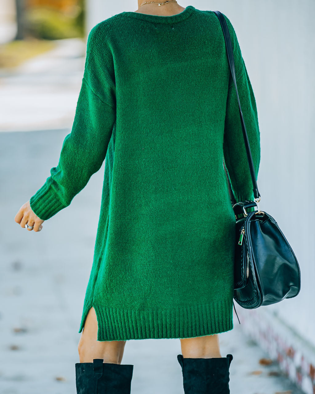 Crew Neck Center Seam Rib Trim Side Slit Knit Sweater Mini Dress