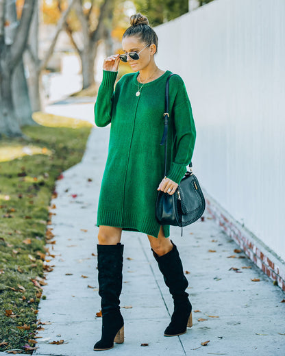 Crew Neck Center Seam Rib Trim Side Slit Knit Sweater Mini Dress